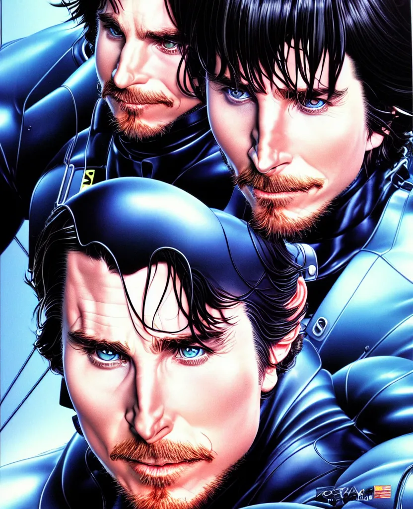 Image similar to realistic detailed portrait of christian bale 9 0 s movie poster symmetrical depth perception masterpiece depth of field vivid colors art by yoshitaka amano by yukito kishiro by yoshiyuki sadamoto by artgerm by hajime sorayama