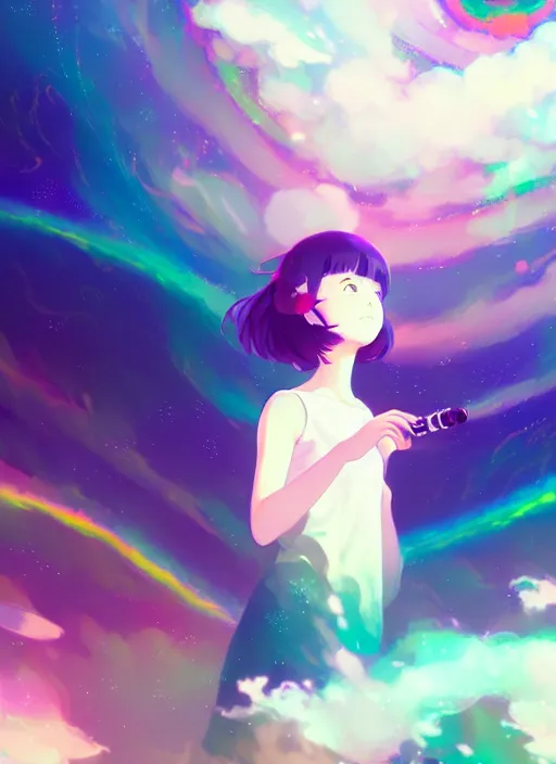 Prompt: portrait of a very cute girl blowing a vape cloud of psychedelic galaxies, white background, illustration concept art anime key visual, very trippy and abstract, trending pixiv fanbox by wlop and greg rutkowski and makoto shinkai and studio ghibli and kyoto animation