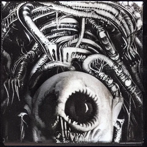 Image similar to Polaroid photo. Hidden. Approaching. Incomprehensible horror. Otherworldly. Impossible. Monster. Alien!! Terrifying. Unnerving. H R Giger. Extremely detailed. 4K.