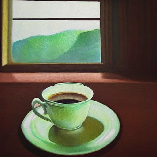 Image similar to “ nostalgic painting of a breakfast table with a steaming cup of coffee and a newspaper. the window behind it shows a green idyllic hill with a road on it, and families walking to school. realistic style. ”