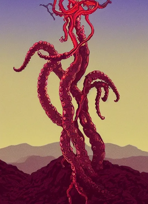 Image similar to Twin Peaks movie poster artwork by Michael Whelan and Tomer Hanuka, Rendering of Blood moon tentacles, from a scene from Twin Peaks, clean, full of detail, Matte painting, trending on artstation and unreal engine