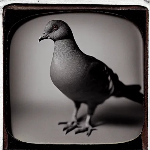 Image similar to Tintype photograph of chonky pigeon as an overweifght subject. 1990s studio lighting.