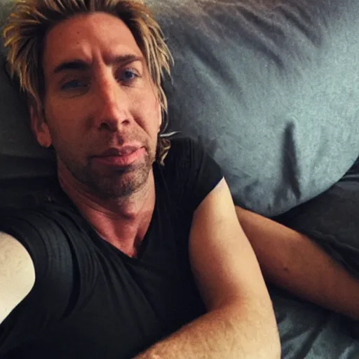 Image similar to chad kroeger snapchat selfie laying in bed with a black tanktop