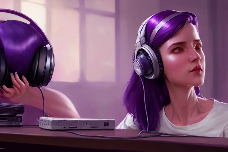 Prompt: wide - shot of stunningly beautiful purple haired female with headphones at home studio streaming computer games late at night, very detailed, 4 k, concept art like ernest khalimov, intricate details, highly detailed by greg rutkowski, ilya kuvshinov, gaston bussiere, craig mullins, simon bisley, backlit