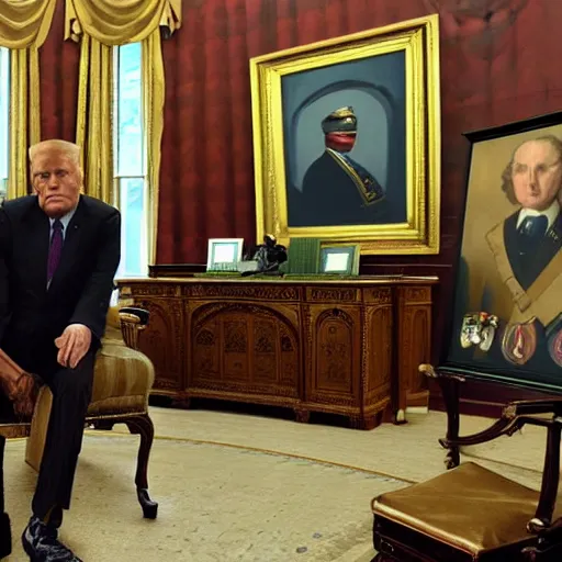 Image similar to senator armstrong from metal gear rising revengeance sitting behind resolute desk, oil painting, presidential portrait, oval office