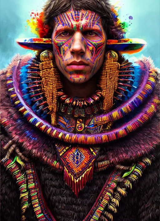 Image similar to portrait of jesse eisenberg, hyper detailed ultra sharp aztec shaman warrior. trending on artstation, warpaint aesthetic, bloodwave, colorful, psychedelic, ornate, intricate, digital painting, concept art, smooth, sharp focus, illustration, art by artgerm and greg rutkowski and h. r. giger, 8 k