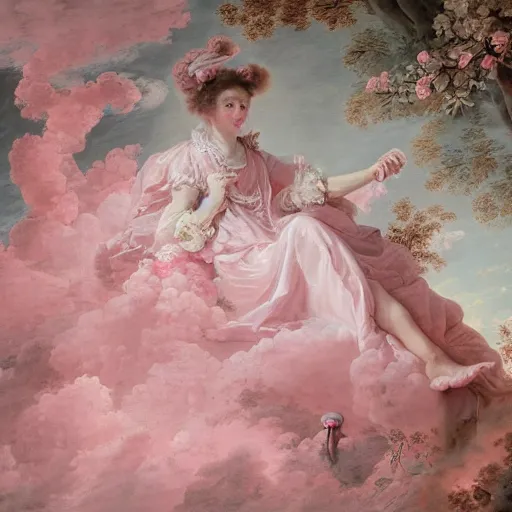 Image similar to heaven on pink clouds adopts the language of Rococo, reimagining the dynamism of works by eighteenth-century artists such as Giovanni Battista Tiepolo, François Boucher, Nicolas Lancret and Jean-Antoine Watteau through a filter of contemporary cultural references including film, food and consumerism