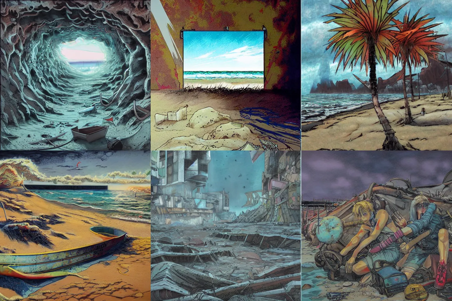 Prompt: superbe peinture d'une plage dans un monde post-apocalyptique, art numérique, couleurs pastels, par boichi.