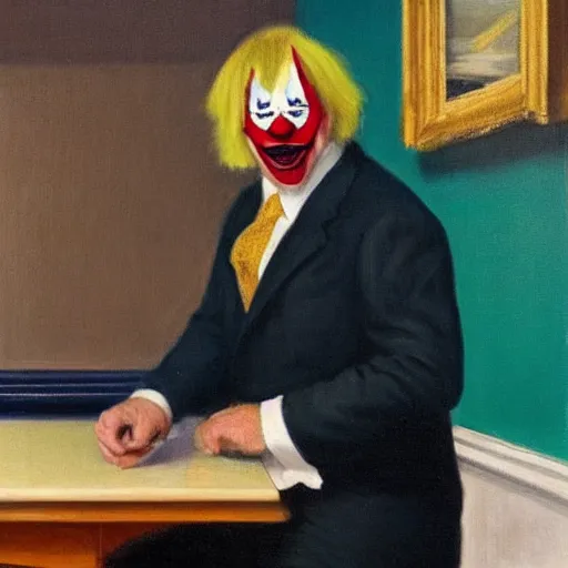 Image similar to a highly detailed fine art portrait of british prime minister boris john wearing a clown costume. in the style of edward hopper, richard hamilton.