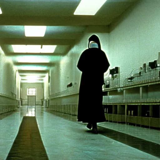 Image similar to a nun walking in the danvers state hospital. still from blade runner.