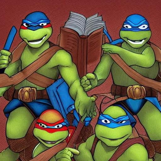 Prompt: digital artwork of Teenage Mutant Ninja Turtles reading the bible, trending on artstation