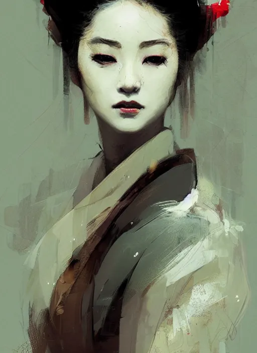 Image similar to female geisha girl, beautiful face, rule of thirds, intricate outfit, spotlight by greg rutkowski, by jeremy mann, digital painting