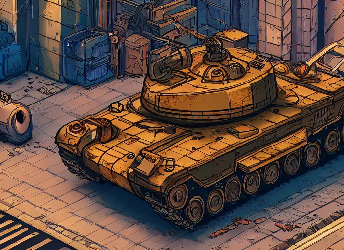 Prompt: A tank in a cyberpunk city, detailed, warm colours