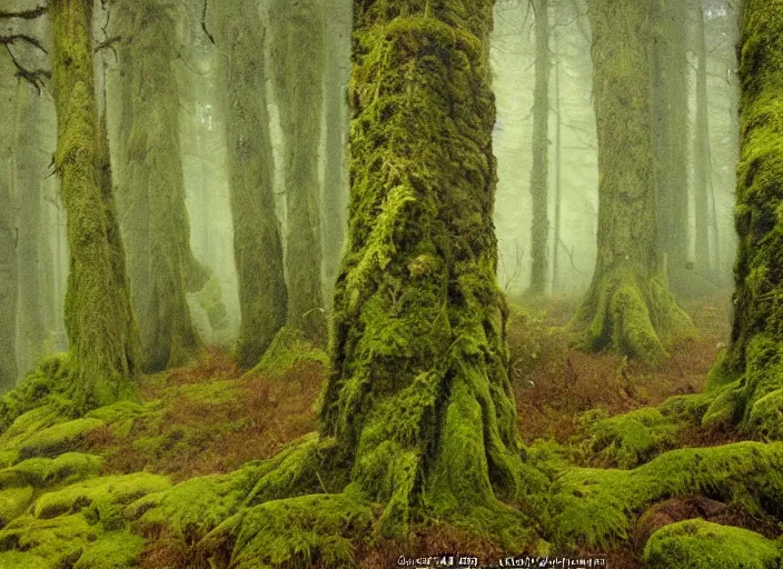 Prompt: a mossy wood with trolls and elves, in the style of John Bauer,