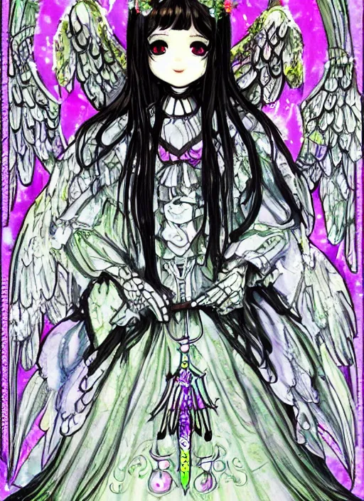 Prompt: gothic lolita cute angelic archangel, religious art watercolor slimy slime drenched skinny divine holy skellington being of glitter glue, pastel cute slime, 3 d polygon ui of neon ornamental rococo frames, maximalist decora gyaru sanrio murakami pixar concept art