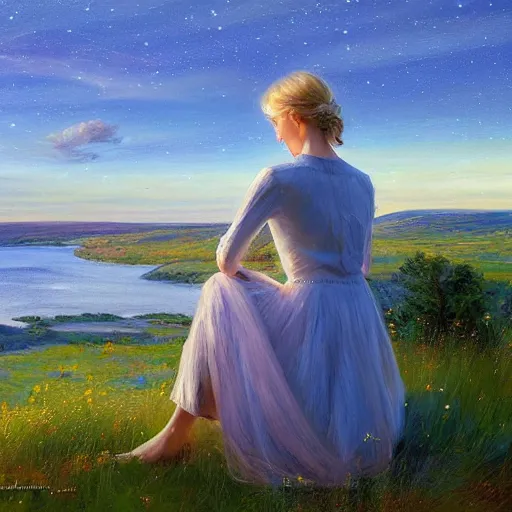 Image similar to blonde woman watching over the swedish countryside, archipelago, night, masterpiece, highly detailed, beautiful, atmospheric, impressionism, painting by Vladimir Volegov