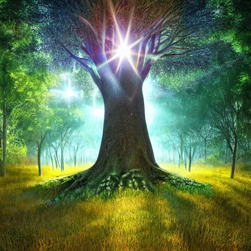 Image similar to a very detailed, highly rendered, highly photorealistic, spectacular, lively, warm tree standing in a thickly vegetated forest in a fantasy world, realistic, high definition, dreamlike light incidenc, holy light shining on it, during a colorful sunraise, award winning picture, trippy