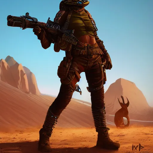 Image similar to a highly detailed caracal bounty hunter, in the desert, artstation, DeviantArt, professional, octane render, sunset lighting