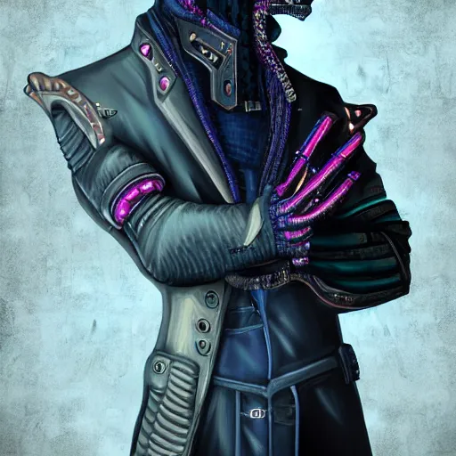 Image similar to portrait of a handsome anthropomorphic western dragon, wearing cyberpunk clothing; futuristic background, digital art