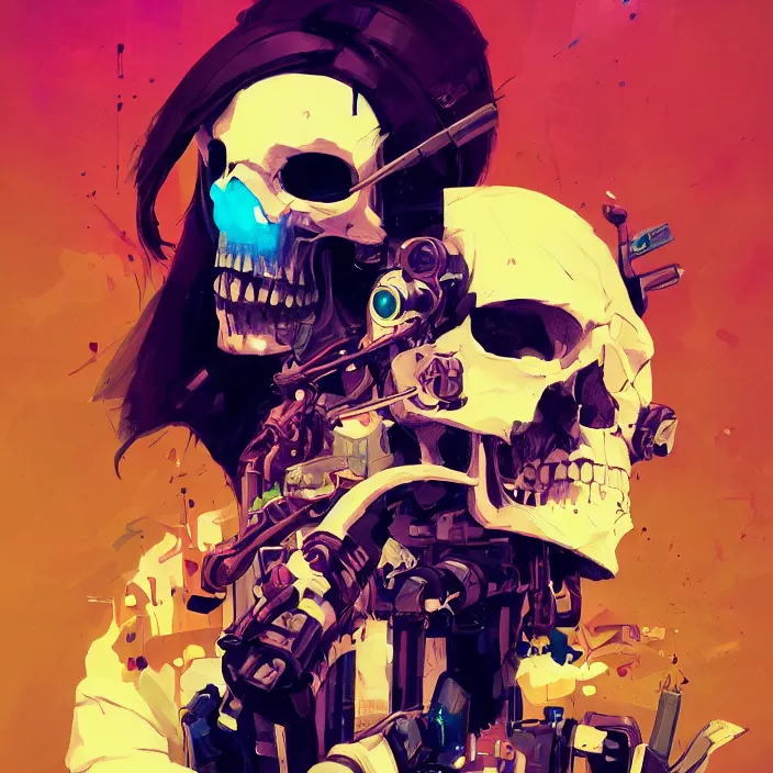 Image similar to a colorful comic noir illustration painting of a cyberpunk skull by sachin teng and sergey kolesov and artgerm and pascal blanche. in style of digital art, symmetry, sci fi, hyper detailed. octane render. trending on artstation