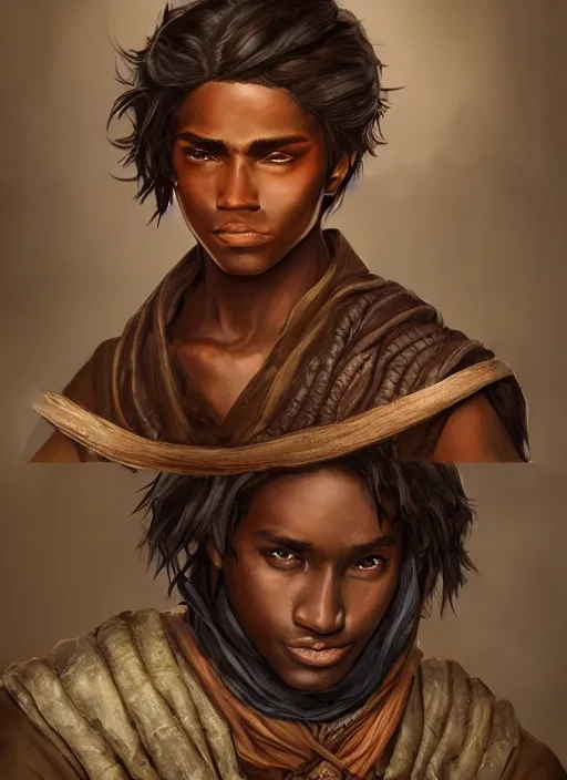 Prompt: An epic fantasy comic book style portrait painting of a young dark skinned long haired boy in plain peasant rags with intelligent eyes in the style of the wheel of time, unreal 5, DAZ, hyperrealistic, octane render, cosplay, RPG portrait, dynamic lighting