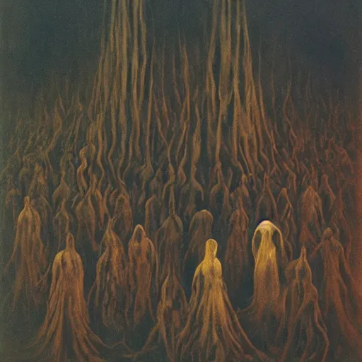 Image similar to sabbath of the witches in the style of Goya, Remedios Varo and Zdzisław Beksinski, surrealist painting