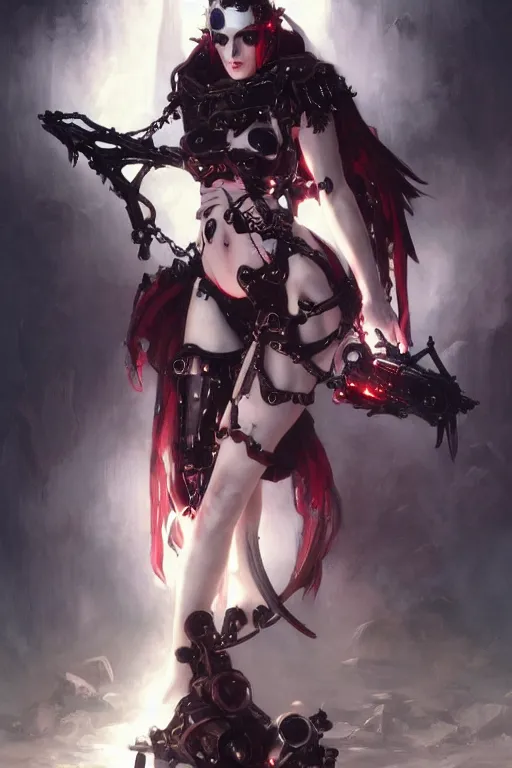 Prompt: Portrait of beautiful pale smiling cyborg goth anime maiden in bikini armor with crown of thorns and glowing red eyes, steampunc, Warhammer 40000, digital art from artstation by Ruan Jia and Mandy Jurgens and Artgerm and william-adolphe bouguereau