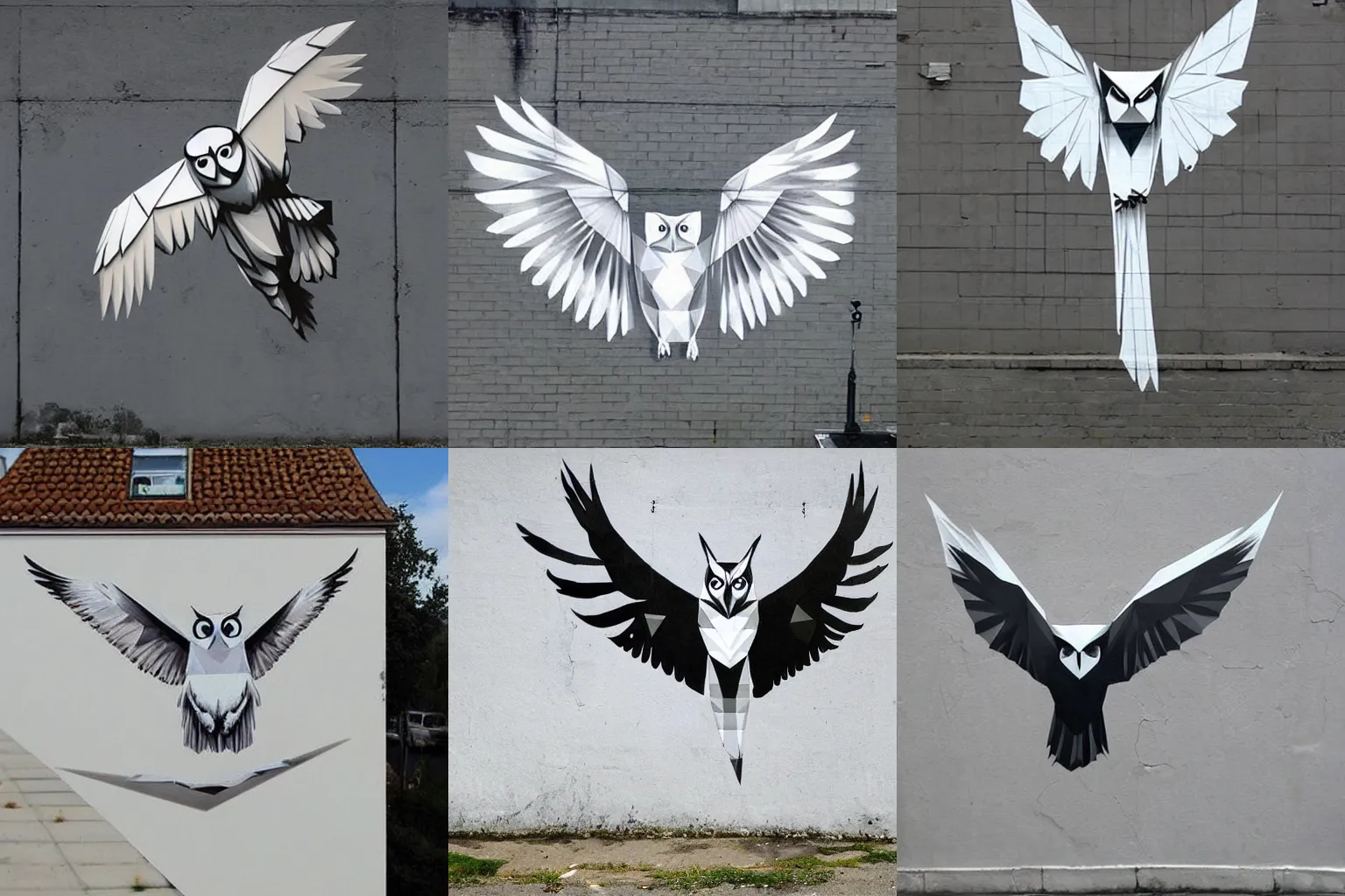 Prompt: beautiful artistic dynamic low poly white owl flying in motion minimalistic street wall art by banksy