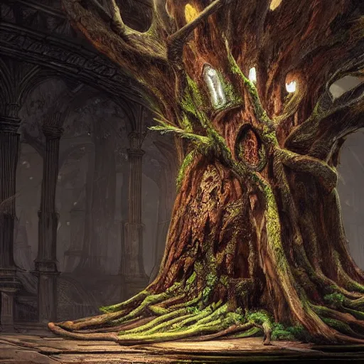 Prompt: a magic portal is embedded in a giant tree growing in the middle of an ancient Victorian library indoors. darksouls concept art. photo-realistic