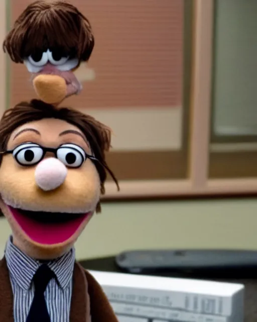 Image similar to film still from the office, dwight schrute as a muppet. highly detailed felt. hyper real photo. 4 k.