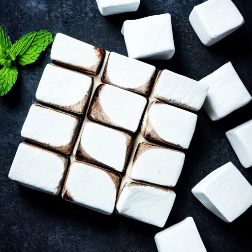 Image similar to photograph of a marshmallow cube with mint swirls on a dark wooden chopping board, hessian cloth, styled food photography, photorealistic, 4 k