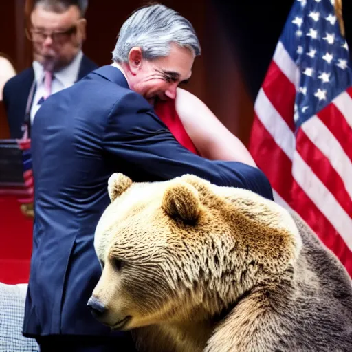 Image similar to Jerome Powell hugging a bear