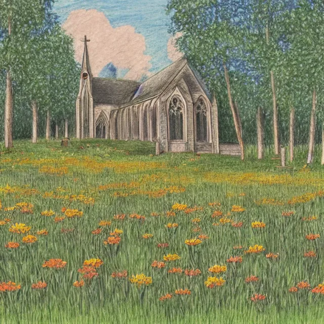 Prompt: abandoned gothic church in a forest flower meadow with a pond landscape, colored pencil drawing