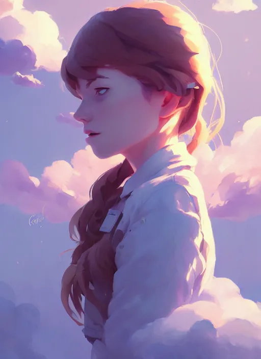 Image similar to portrait of cute maiden girl cowered, cloud sky background, by atey ghailan, by greg rutkowski, by greg tocchini, by james gilleard, by joe gb fenton, by kaethe butcher, dynamic lighting, gradient light blue, brown, blonde cream and white color in scheme, grunge aesthetic