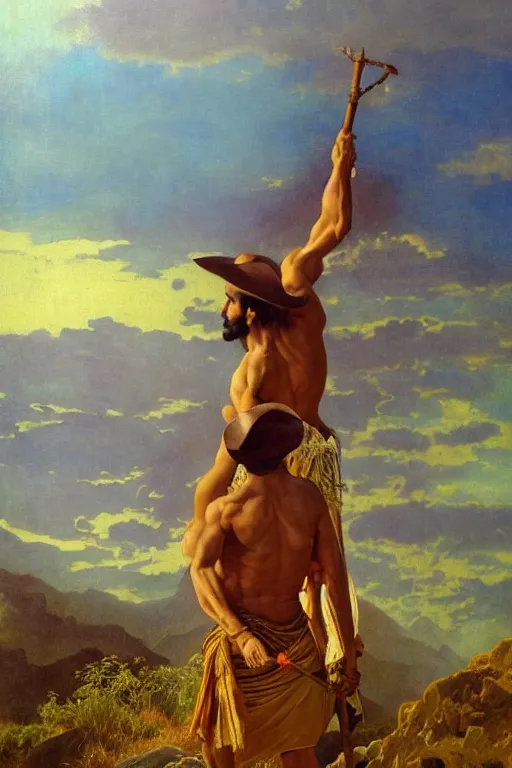 Prompt: an ethereal dramatic epic beautiful painting of a shirtless desi man | he is wearing a plaid kilt and cowboy hat, and holding a walking stick | background is mountains and clouds | dramatic lighting, golden hour, homoerotic | by mark maggiori and walter crane and alphonse mucha | trending on artstation