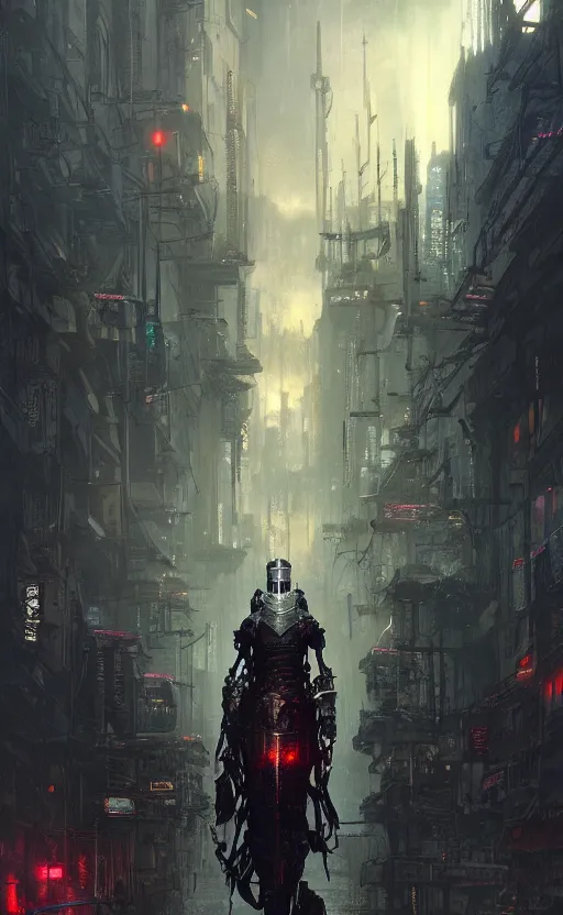 Prompt: a cyberpunk dystopian medieval knight, city background, ominous, cinematic lighting, sharp, 4k, trending on Artstation, by Wlop, James Gurney, Thomas Kinkade