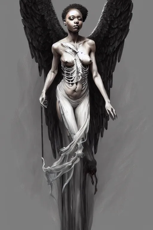 Prompt: Full body potrait of Danai Guriraof as and angel , angel is partly draped with bones, angel,is split in two with smoke, fantasy, intricate, elegant, highly detailed, digital painting, artstation, woman is curved, concept art, smooth, sharp focus, illustration, art by Ilja Repin