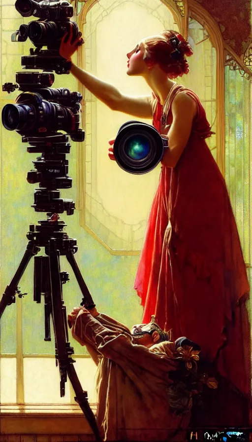 Image similar to hyper realistic photographer looking through camera, magical, painted by james gurney, norman rockwell, tom bagshaw, mucha, gaston bussiere, craig mullins, j. c. leyendecker 8 k