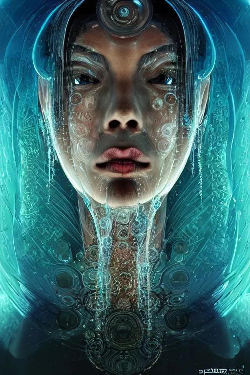 Image similar to a centered render of an ancient futuristic shaman with digital modifications surrounded by a underwater ink pour and flowing liquid gallium and complex sacred geometry, perfect body and face, powerful, cinematic, beautifully lit, by beeple, by artgerm, by karol bak, 3 d, trending on artstation, octane render, 8 k