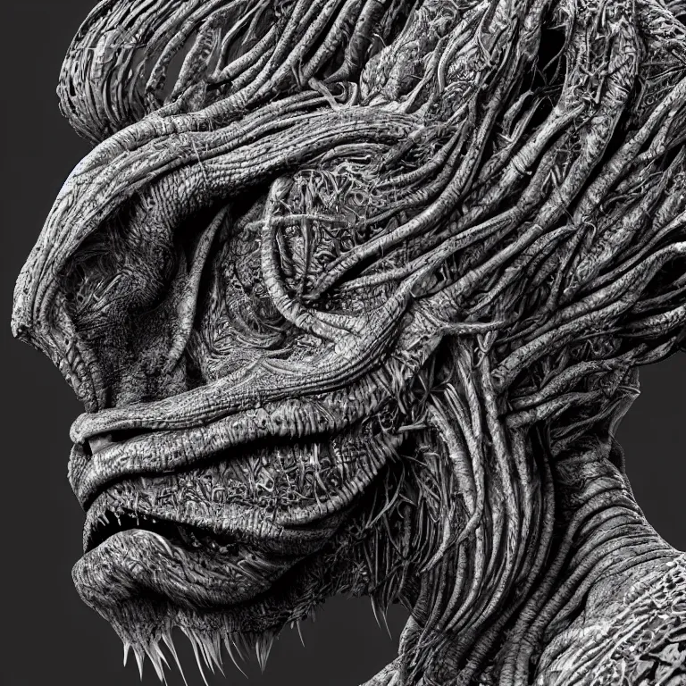 Image similar to surreal spinal ribbed tribal exotic organic face portrait of a beautiful alien animal creature monster, beautiful detailed intricate insanely detailed BW 3D render digital art, octane render, 8K artistic photography, photorealistic