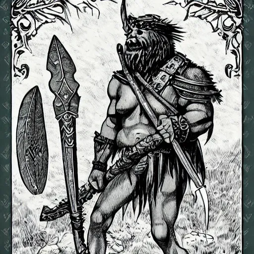 Image similar to orc with axe, full body, dnd, high detail, fantasy, in the style of vintage antique illustration and line drawing or engraving - c 9. 0