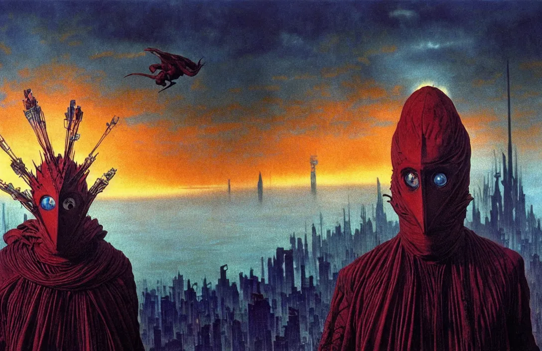 Image similar to extremely detailed portrait film shot of a birdman wearing dark ragged robes, futuristic city sunset landscape background by denis villeneuve, amano, yves tanguy, alphonse mucha, ernst haeckel, max ernst, roger dean, ridley scott, dramatic closeup composition, rich moody colours, blue eyes