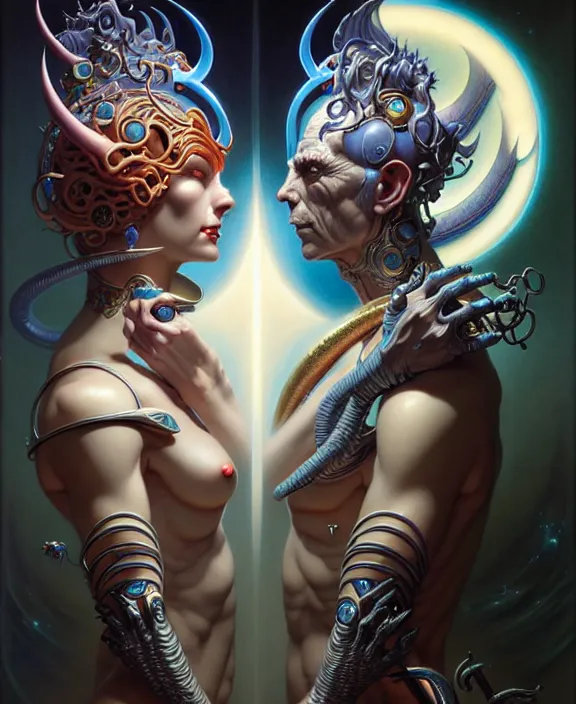 Image similar to beautiful gemini good and evil fantasy character portrait, ultra realistic, wide angle, intricate details, the fifth element artifacts, highly detailed by peter mohrbacher, hajime sorayama, wayne barlowe, boris vallejo, aaron horkey, gaston bussiere, craig mullins