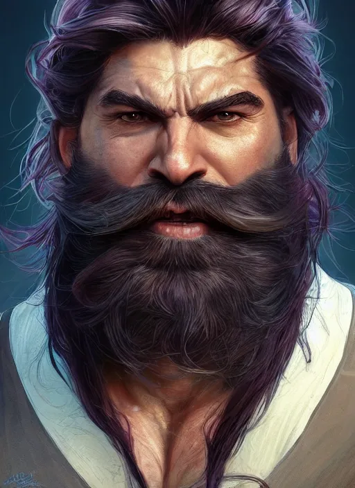 Prompt: portrait of a hulky herculean well groomed ork with flowing long deep violet hair, epic beard, style of assassin's creed, intricate, elegant, highly detailed, digital painting, artstation, concept art, smooth, sharp focus, illustration, art by artgerm and greg rutkowski and alphonse mucha, 8 k