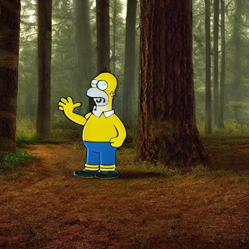 Prompt: Photorealistic homer Simpson in the woods creepy