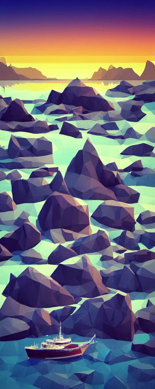 Prompt: super detailed color cutout lowpoly art, northern sunset with rocks on front, monochrome photorealistic bay in the middle of perspective and mountains at background, big graphic vessel in the middle of composition, unreal engine, high contrast color palette, 3 d render, lowpoly, colorful, digital art, perspective, full volume composition, robb cobb, robert mccall, syd mead