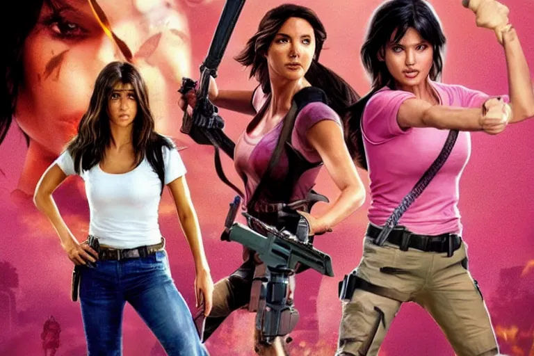 Prompt: Isabela Merced as Dora the Explorer vs Angelina Jolie as Lara Croft, movie poster, film by Michael Bay, dora pink shirt, lara white shirt