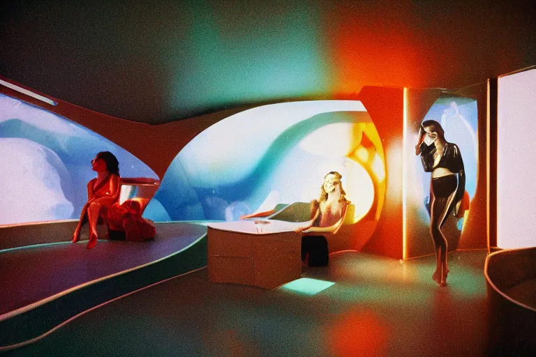 Prompt: closeup view of young woman wearing discowear sitting inside of a unlit lit large 1970s luxury underwater cabin with a soviet computer console on the wall and suspended fireplace in living room, large windows, an exterior of deep-sea bioluminescent fish species and faint shark head, ektachrome photograph, volumetric lighting, f8 aperture