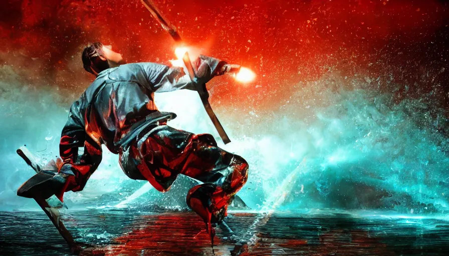 Samurai Ninja warrior in glowing lake, splashing water