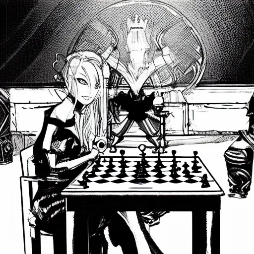 Prompt: Jinx (from Arcane) sitting by a table playing chess